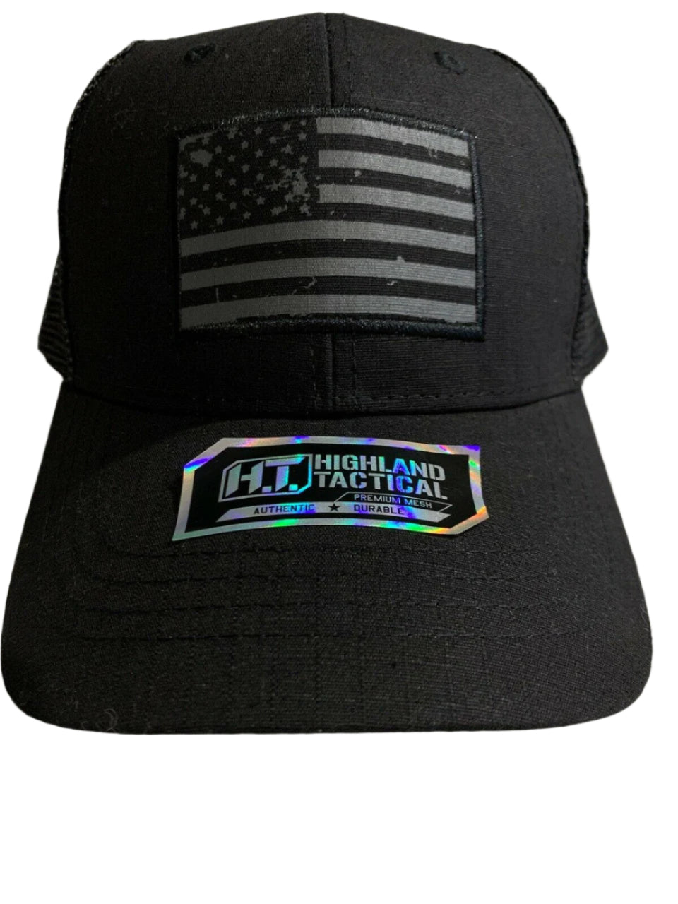 HIGHLAND TACTICAL black mesh snapback trucker hat with USA flag patch and adjustable closure