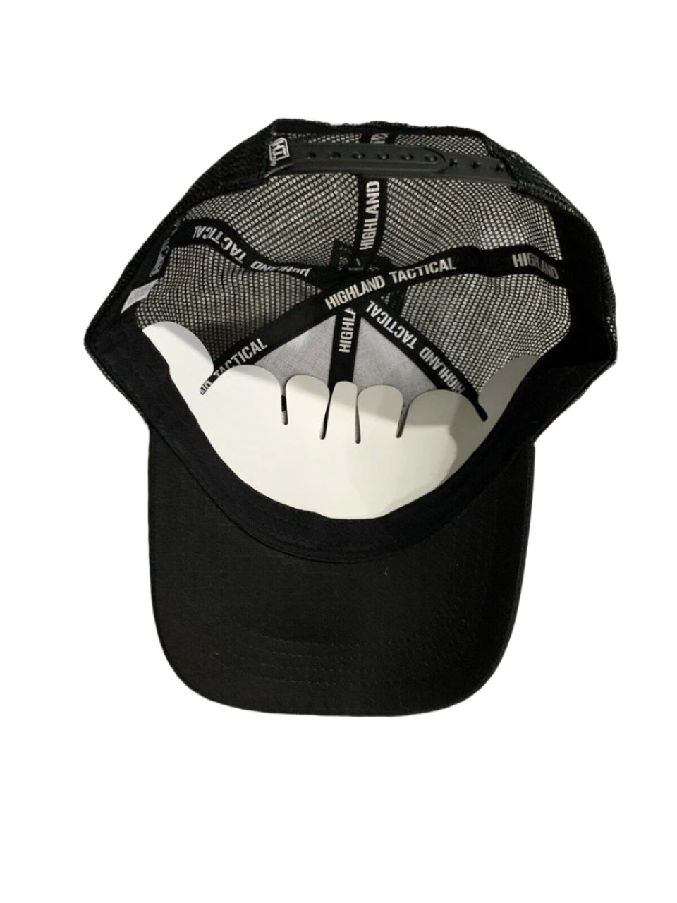 HIGHLAND TACTICAL black mesh snapback trucker hat with USA flag patch and adjustable closure