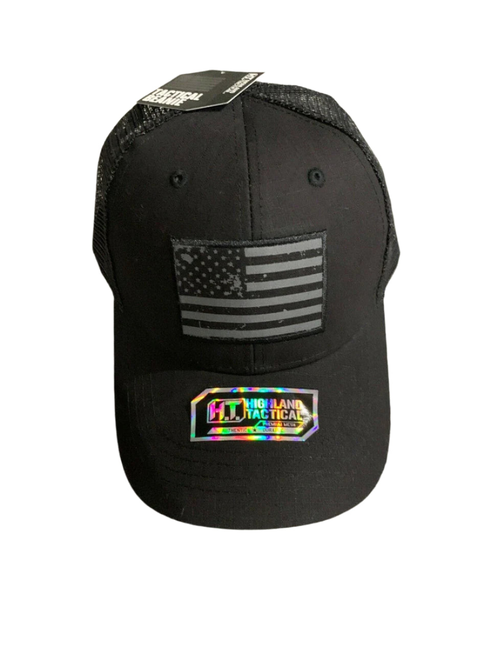HIGHLAND TACTICAL black mesh snapback trucker hat with USA flag patch and adjustable closure