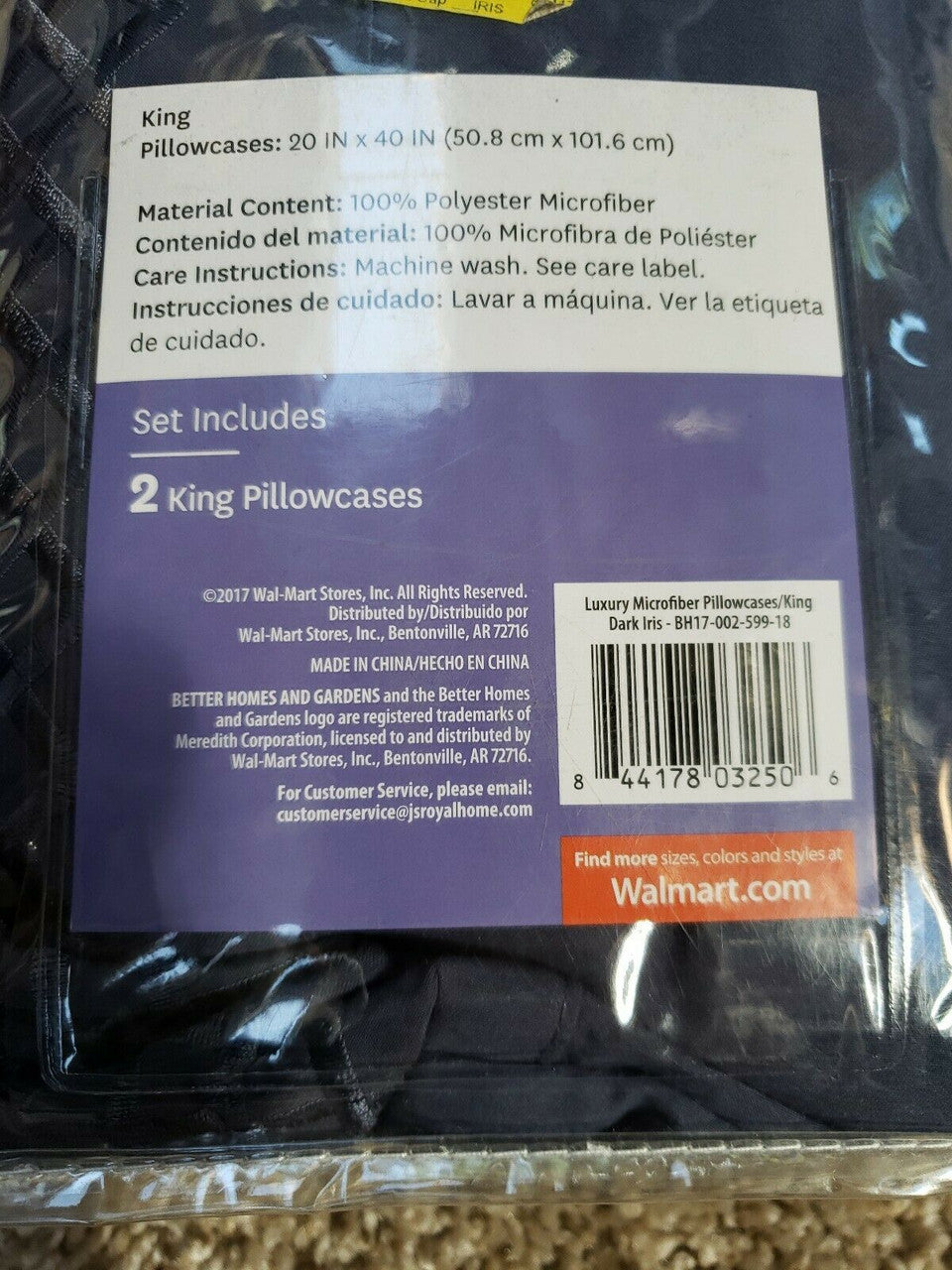 Better Homes & Gardens king pillowcase set in navy blue, embroidered luxury microfiber, packaged