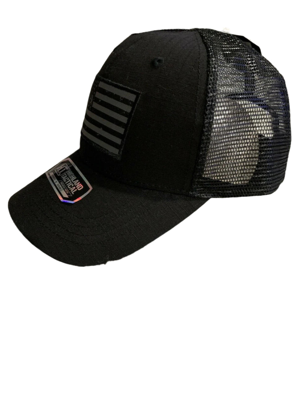 HIGHLAND TACTICAL black mesh snapback trucker hat with USA flag patch and adjustable closure
