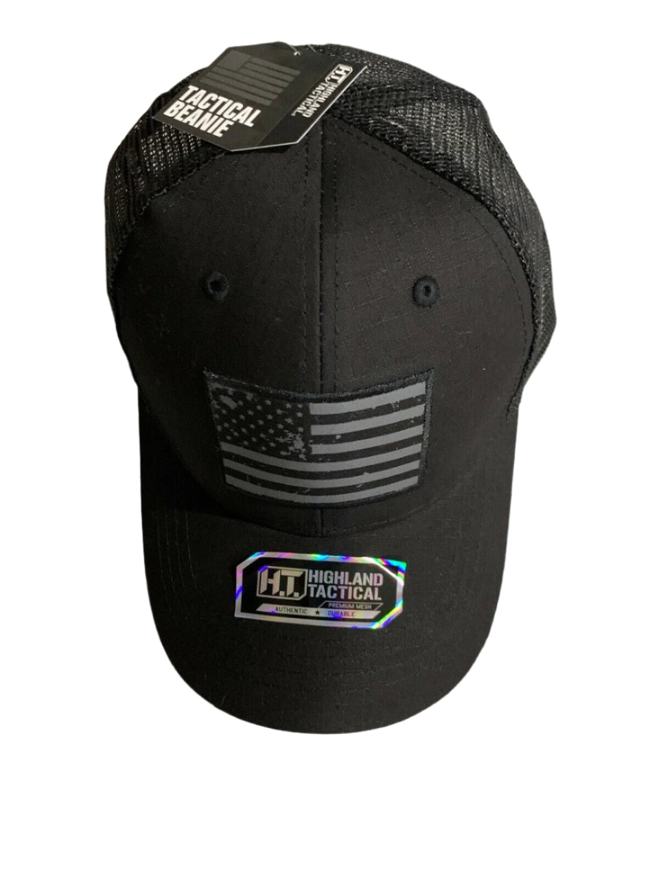 HIGHLAND TACTICAL black mesh snapback trucker hat with USA flag patch and adjustable closure