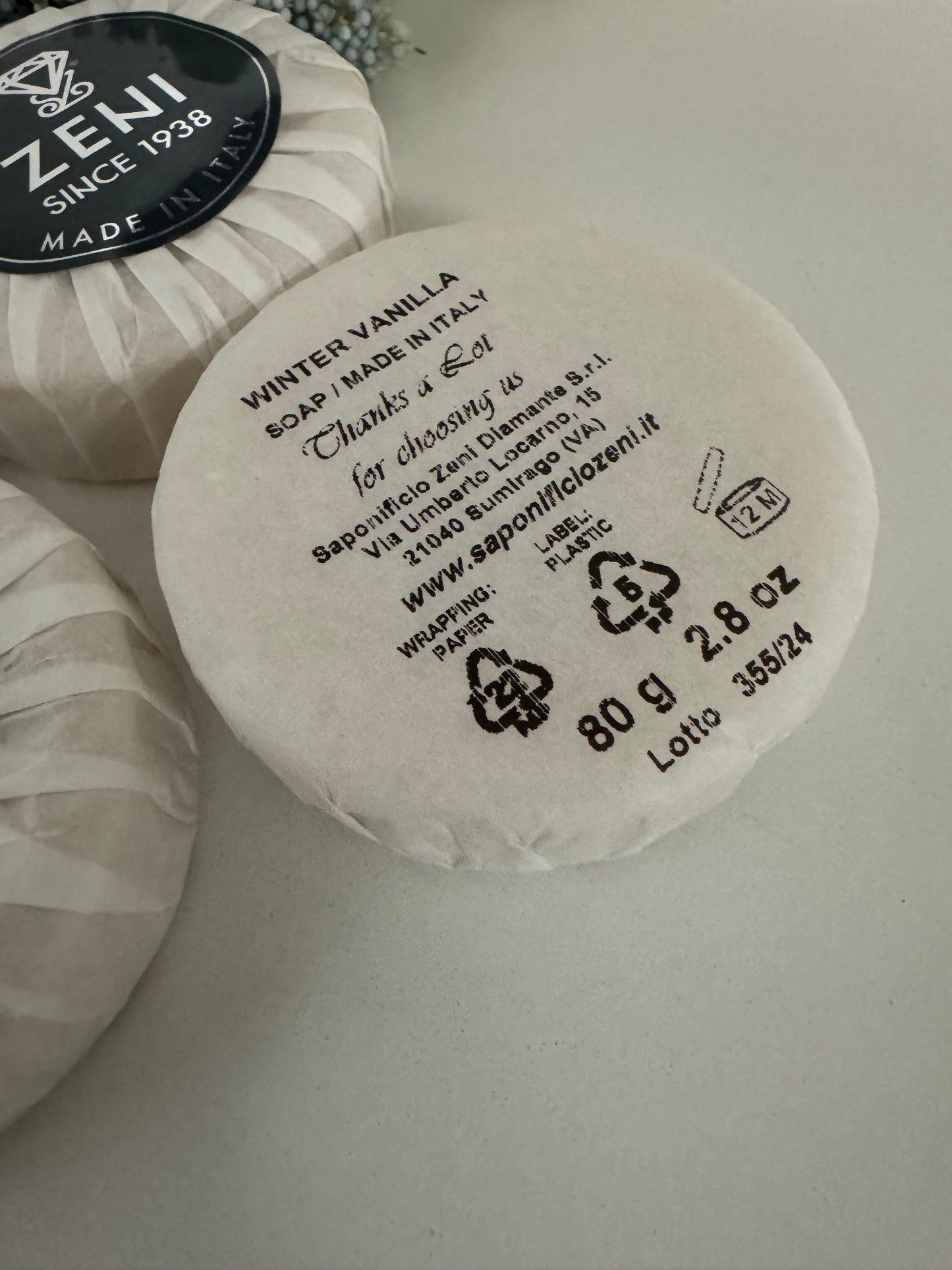 Back of Winter Vanilla soap label showing ingredients and eco symbols, imported holiday gift soap