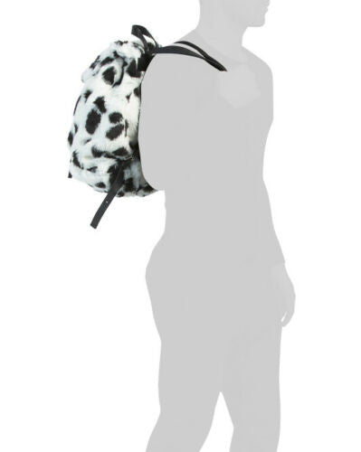 Unisex white and black Dalmatian faux fur backpack with buckle and drawstring closure, shown from multiple angles