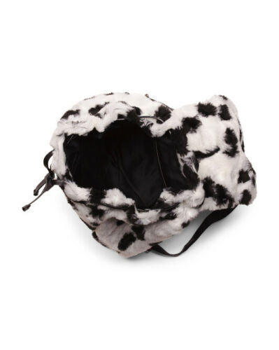 Unisex white and black Dalmatian faux fur backpack with buckle and drawstring closure, shown from multiple angles
