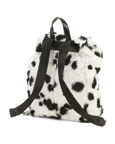 Unisex white and black Dalmatian faux fur backpack with buckle and drawstring closure, shown from multiple angles