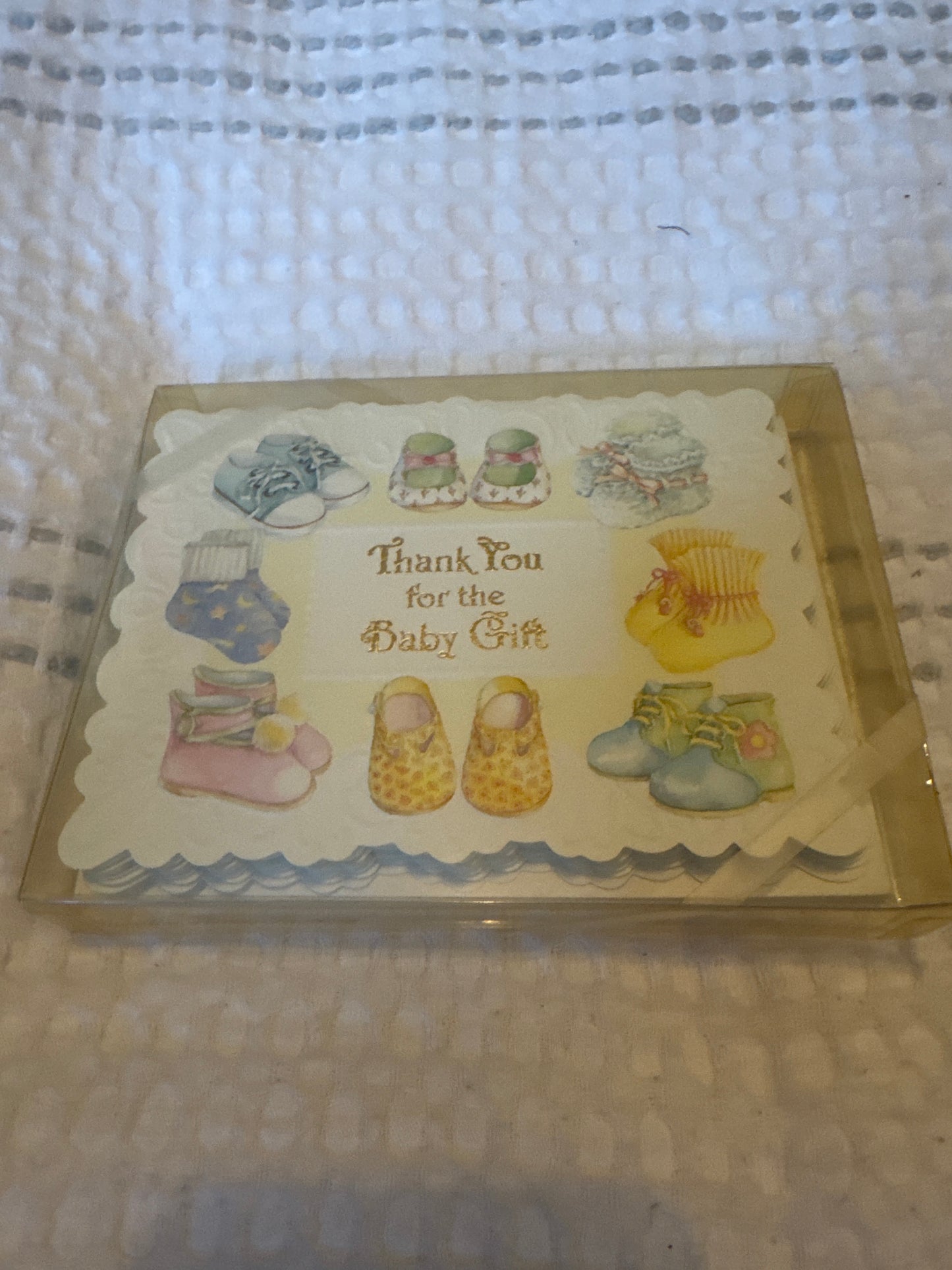 Embossed baby thank you card set with pastel shoe design in decorative gift box
