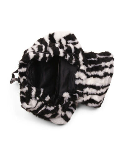 Unisex faux fur backpack with black and white striped design, buckle closure, and leather accents – made in Italy