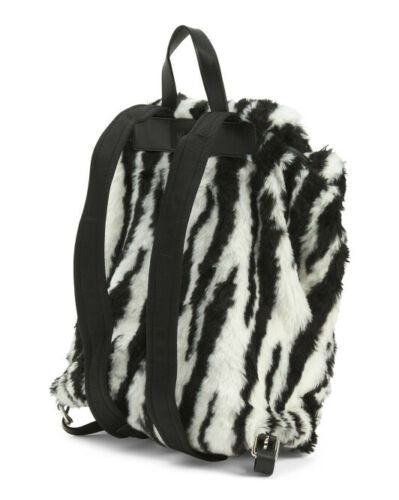 Unisex faux fur backpack with black and white striped design, buckle closure, and leather accents – made in Italy