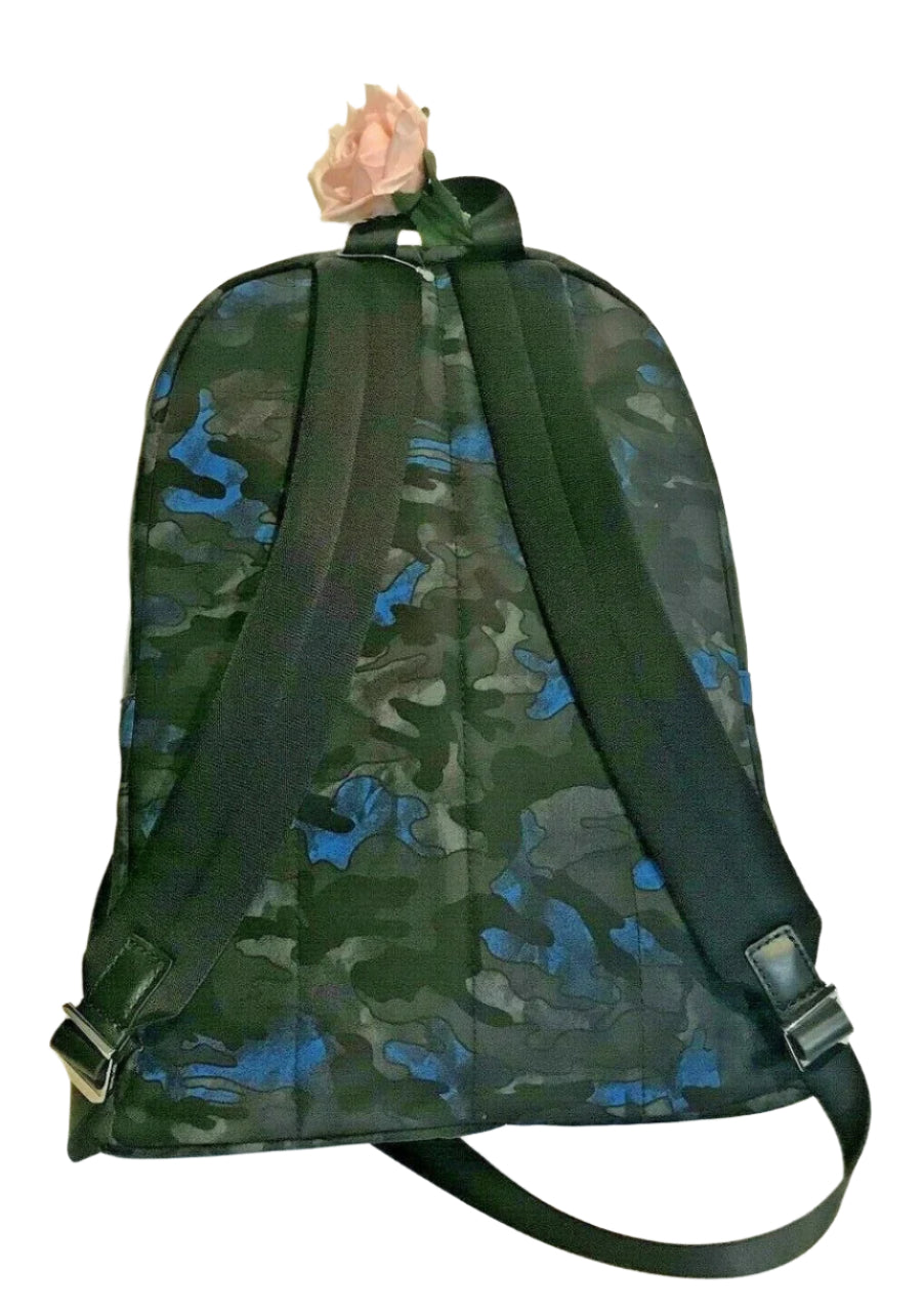 Men’s midnight camo backpack with nylon exterior, leather trim, and padded shoulder straps