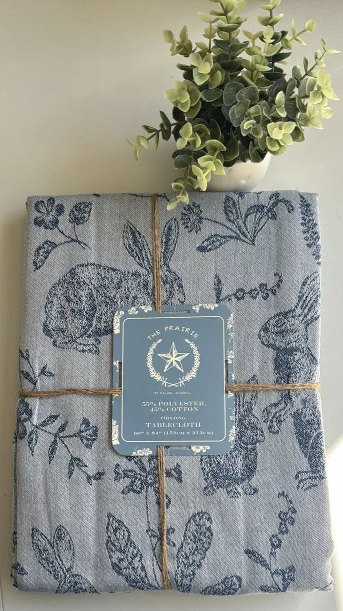 Tablecloth Rachel Ashwell Bunny Field Jacquard Oblong 60" x 84" | Blue, Cotton-Poly Blend