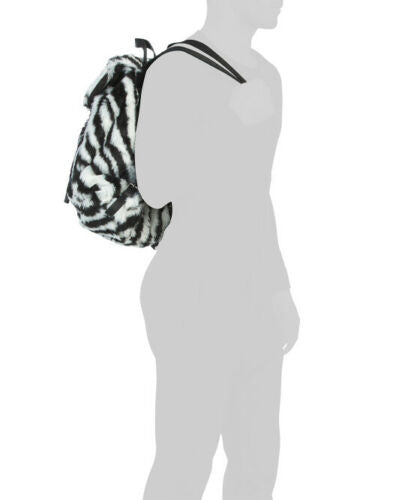 Unisex faux fur backpack with black and white striped design, buckle closure, and leather accents – made in Italy
