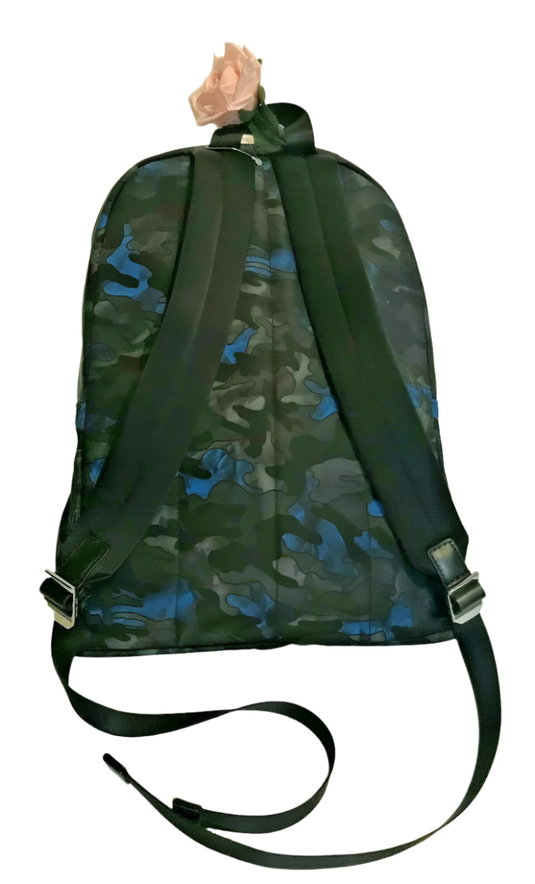 Men’s midnight camo backpack with nylon exterior, leather trim, and padded shoulder straps