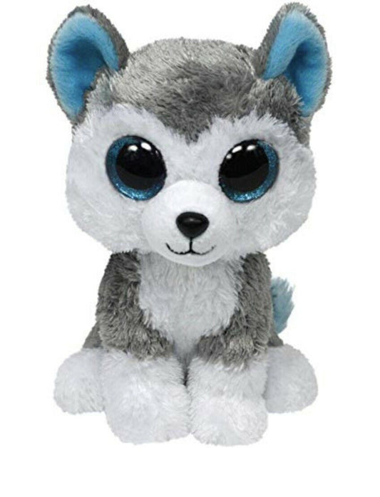 6-inch grey and white husky plush toy with blue eyes, sitting upright on white background