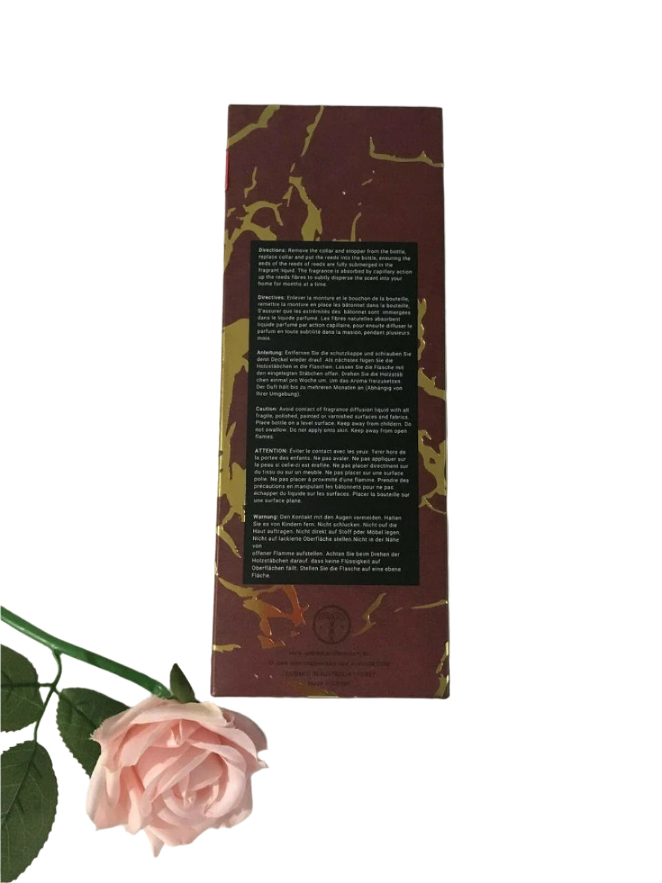 Sydney Candle Sugared Shortbread Reed Diffuser 100ml boxed with gold marble accents and pink rose prop