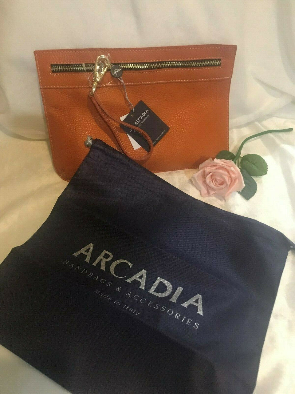 ARCADIA Genuine Leather Orange Purse Wristlet Bag ITALY Pebbled