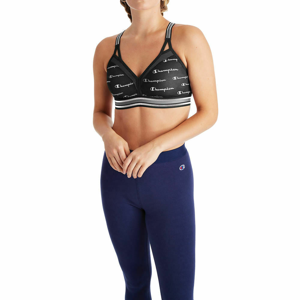 Champion The Curvy Strappy Print Sports Bra Medium Impact 2X black white