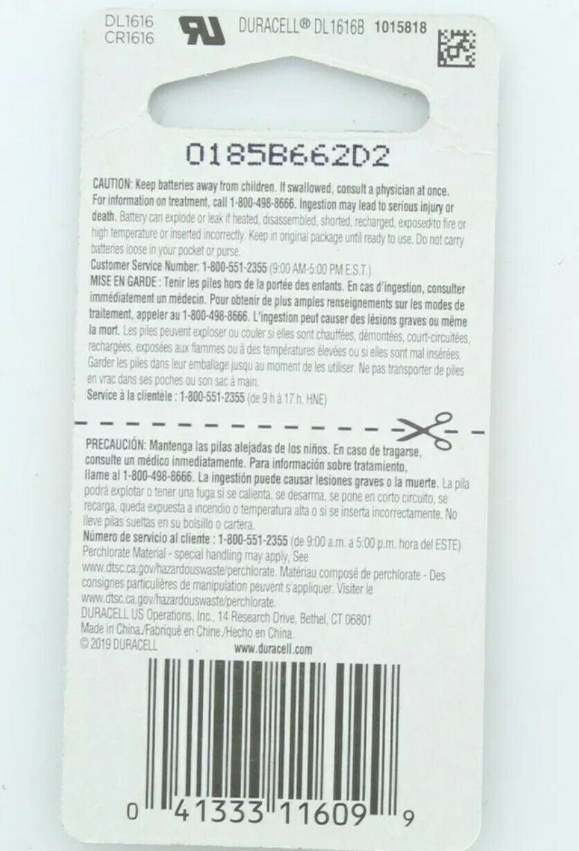 D1616 Duracell  Lithium Batteries 1pk DL1616BPK