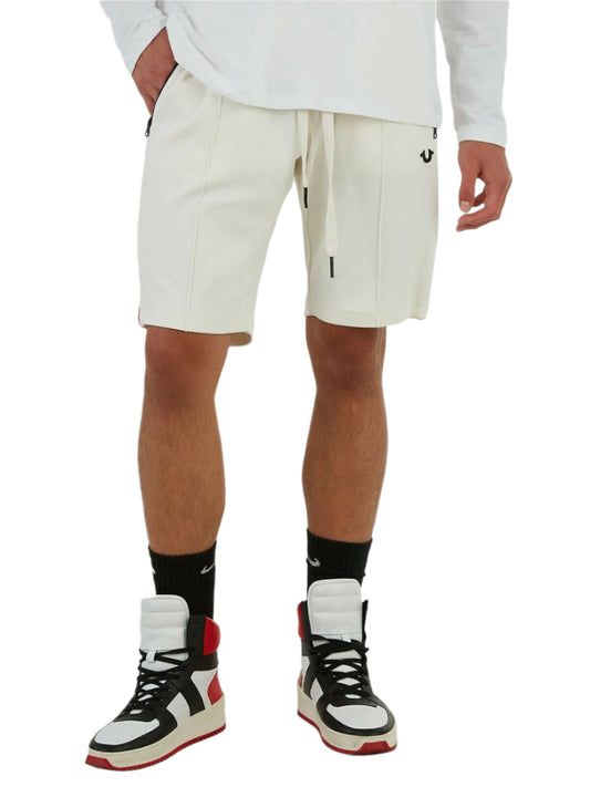 Men’s off-white logo shorts with drawstring waist, zip pockets, and horseshoe logo – shown on model