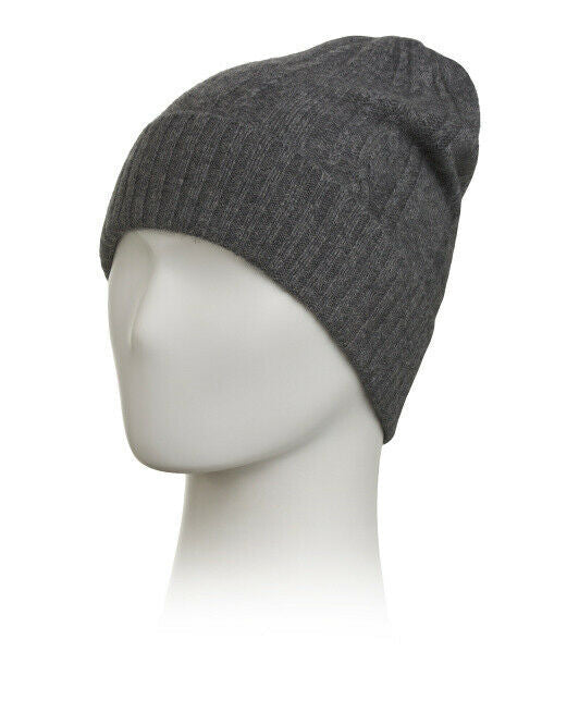 TAHARI smog heather gray cashmere cable knit beanie with ribbed cuff