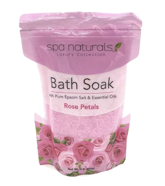 Spa Naturals Luxury Collection Rose Petal Bath Soak in resealable pink pouch with floral design