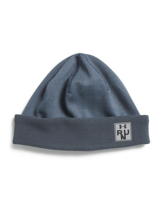 Grey-blue water-resistant winter beanie hat with ribbed cuff and logo, one-size unisex fit