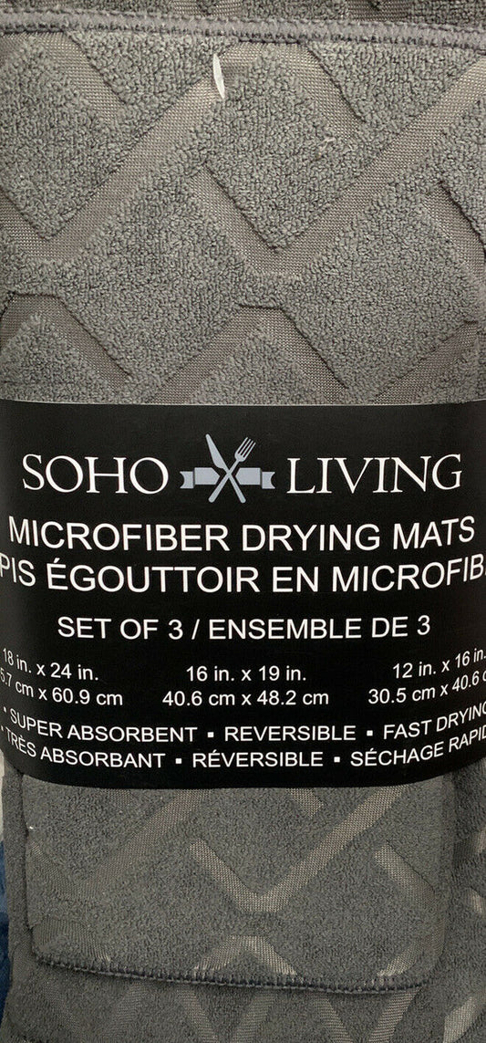 Set of 3 grey microfiber drying mats by Soho Living with absorbent and reversible design