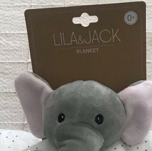 Lila & Jack Pink and Grey Elephant with white and gold sparkled blankie