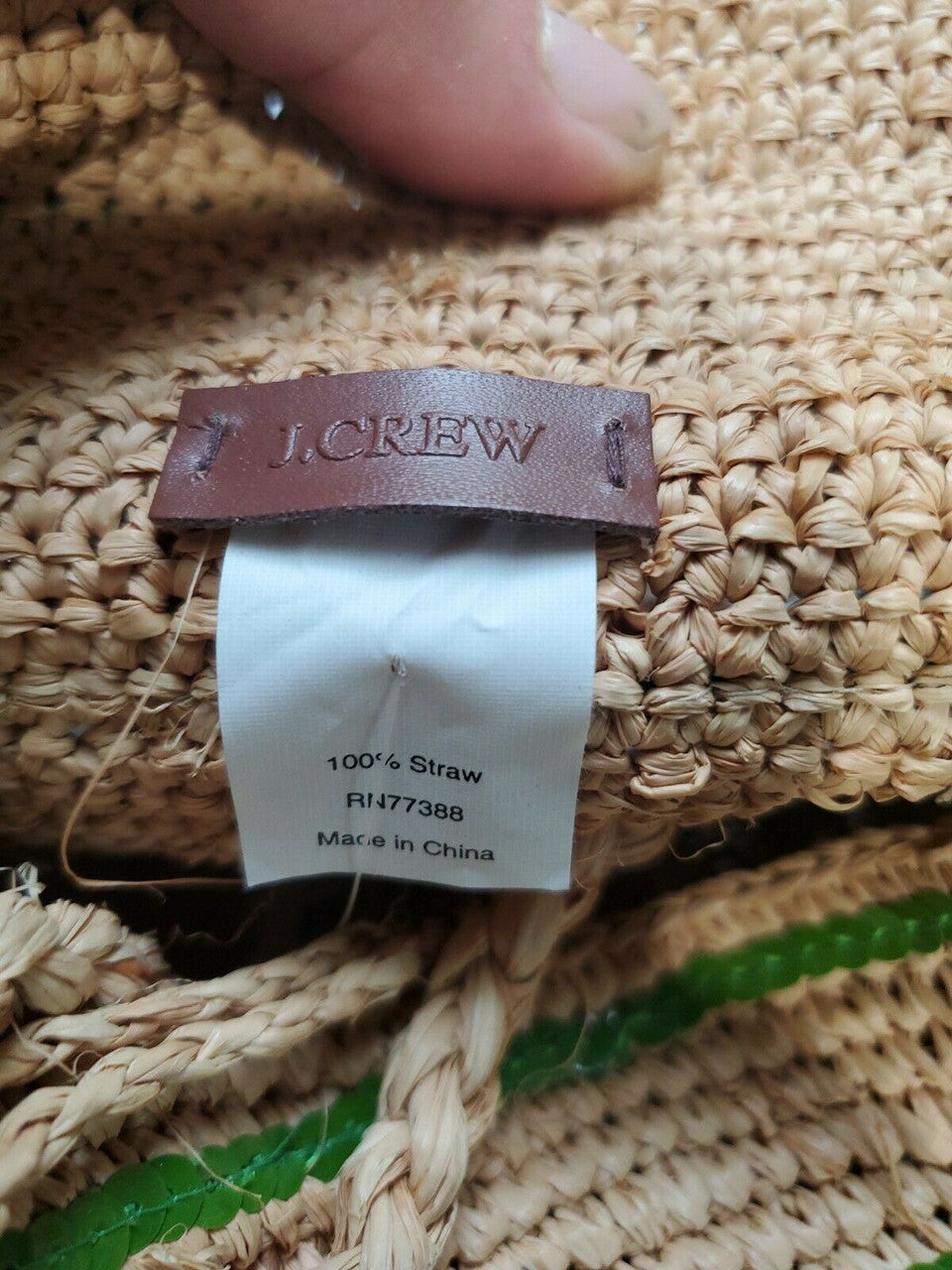 J.CREW Straw Market Tote Bag 15" x 10" x 8" Green Trim Summer Bag