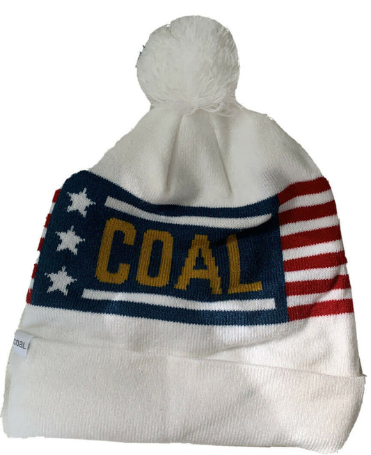 White winter beanie hat with American flag patch and pompom, patriotic USA knit snow hat for cold weather