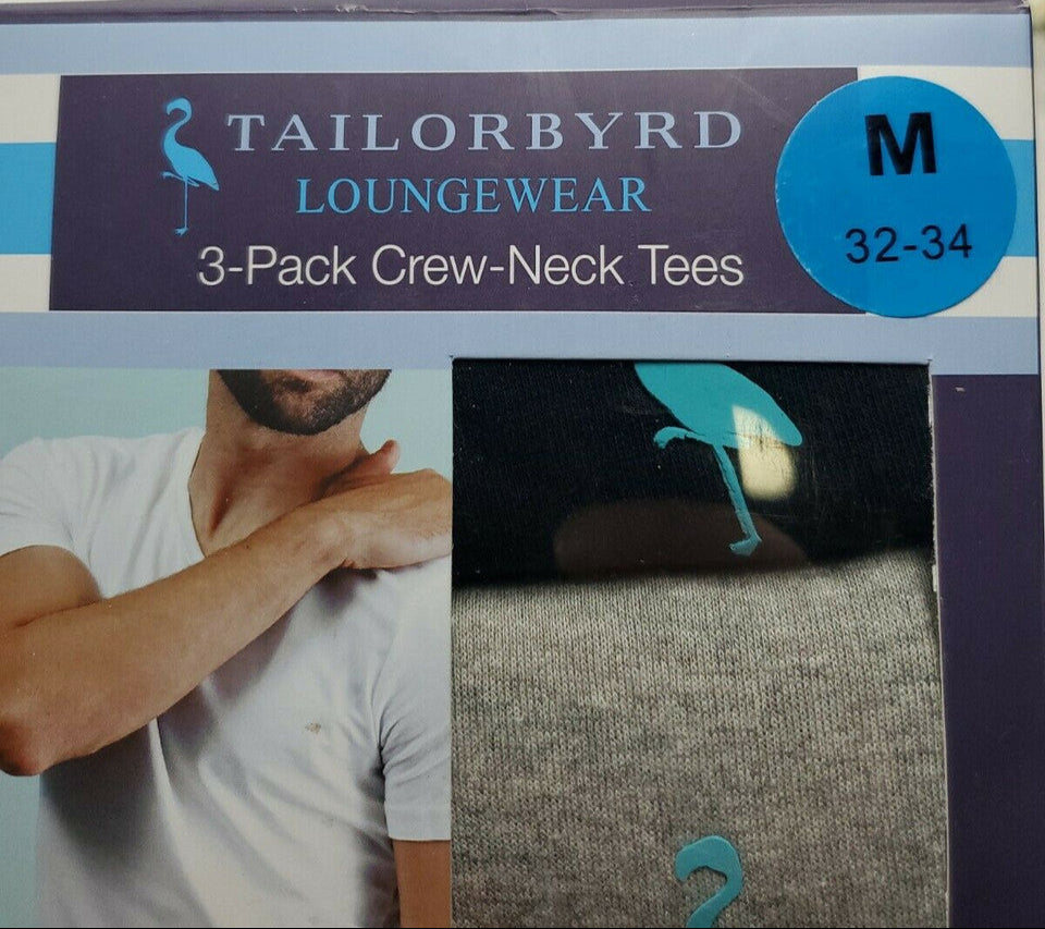 3-pack cotton crew neck t-shirts in red, gray, and black with packaging