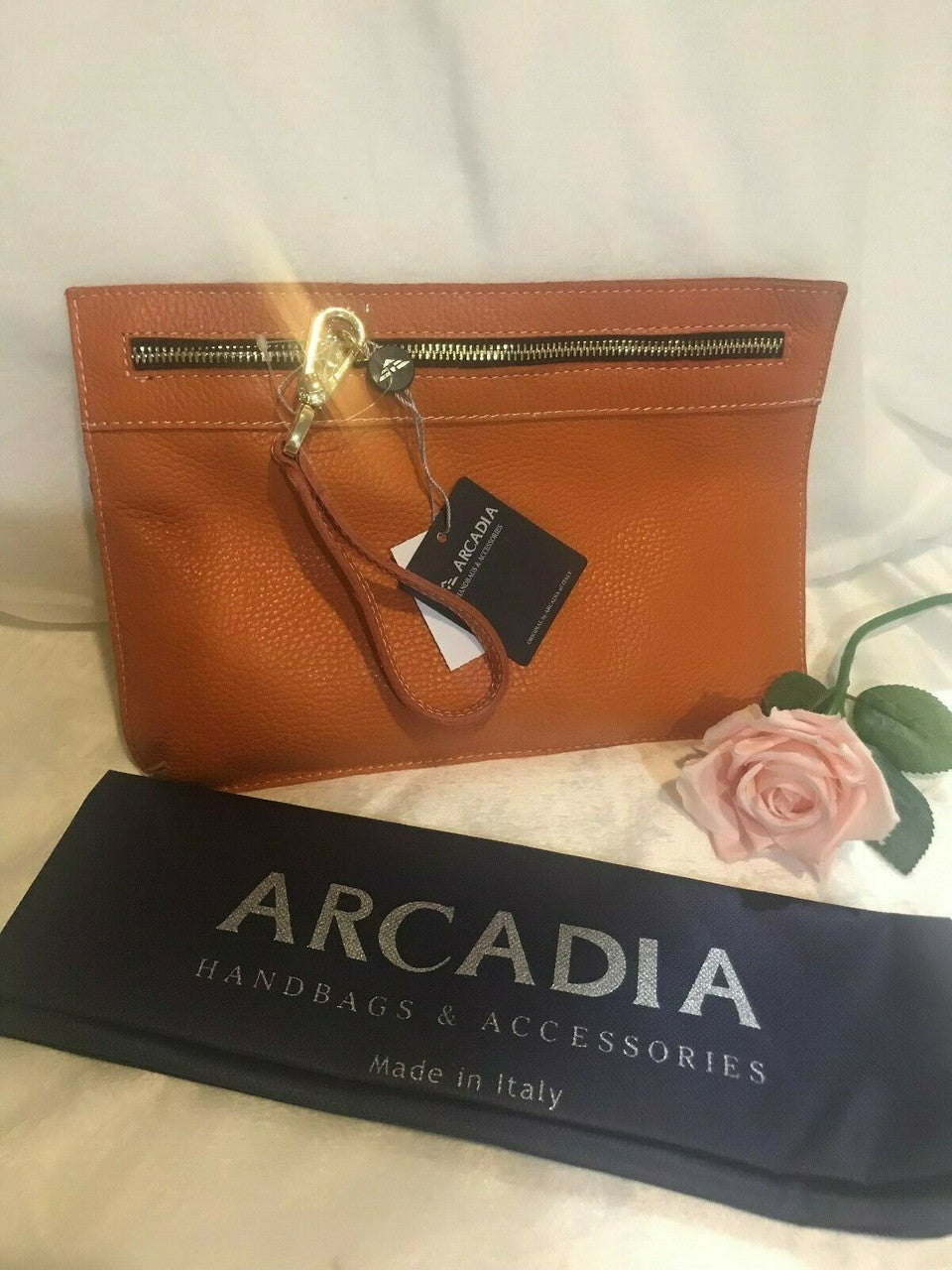 ARCADIA Genuine Leather Orange Purse Wristlet Bag ITALY Pebbled