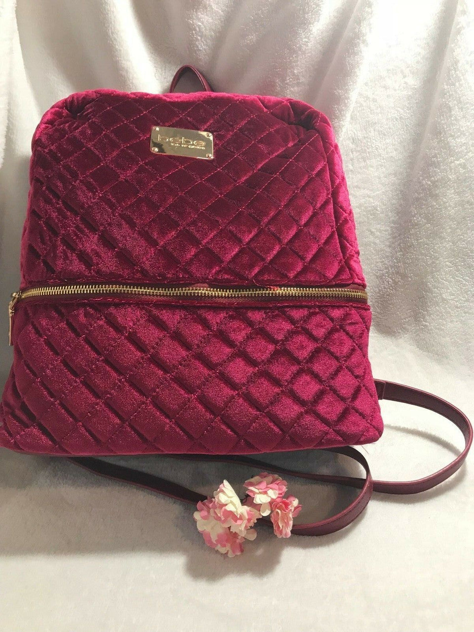Bebe Danielle Backpack Dark Pink Velvet Quilted Laptop Sleeve Gold Zipper