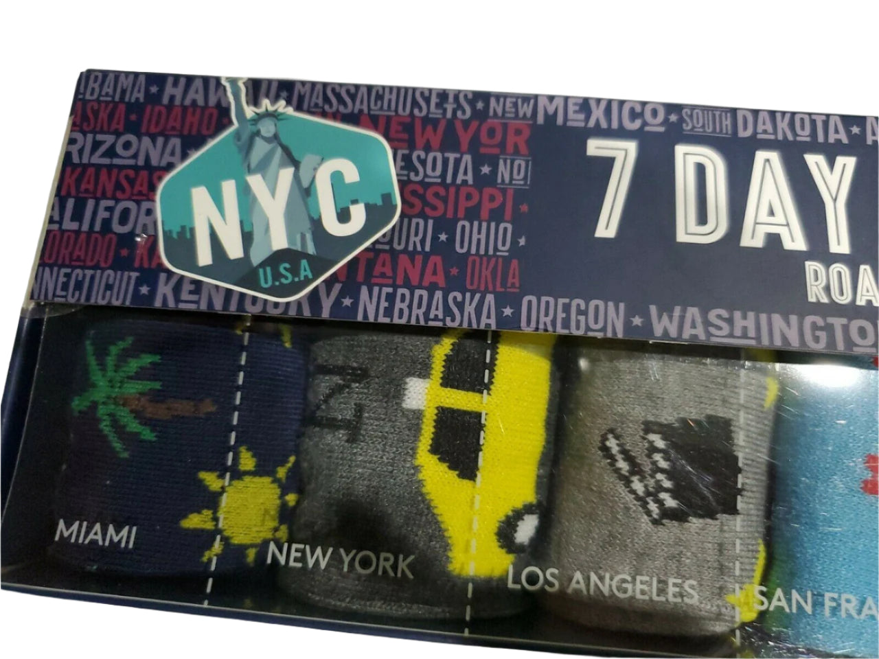 Men’s 7 Day Socks Gift Box with road trip-themed designs – 7 colorful pairs, size 8–12