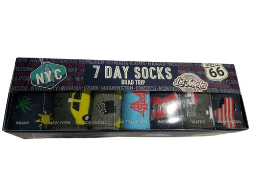 Men’s 7 Day Socks Gift Box with road trip-themed designs – 7 colorful pairs, size 8–12
