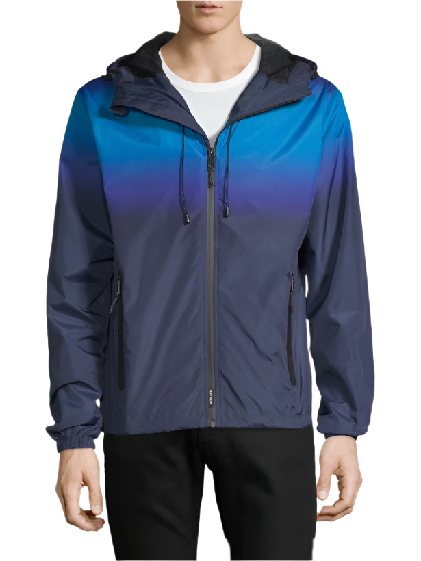 Men’s blue ombre lightweight windbreaker jacket with hood, shown from front and ba