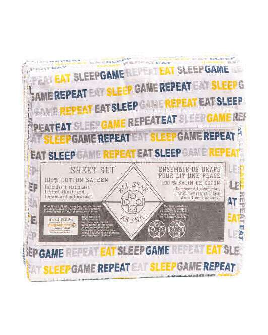 Eat Sleep Game Sheet Set TWIN 100% Cotton Sateen ALL STAR ARENA