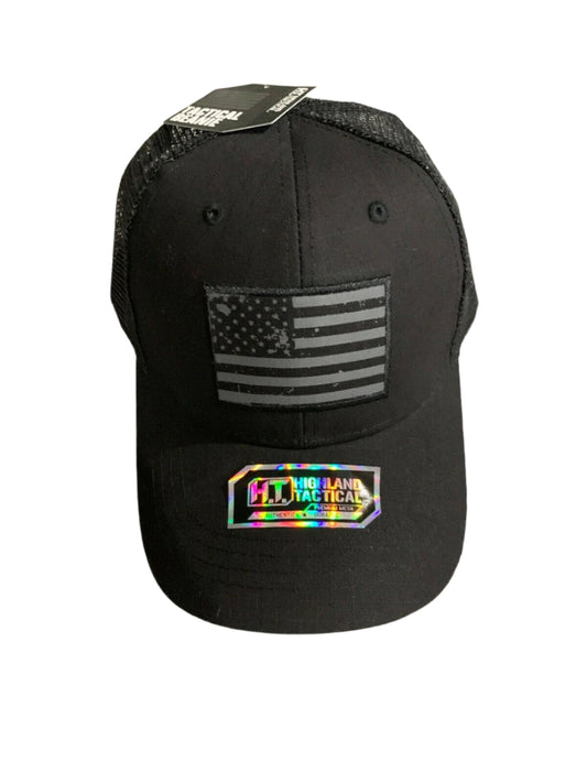 HIGHLAND TACTICAL black mesh snapback trucker hat with USA flag patch and adjustable closure