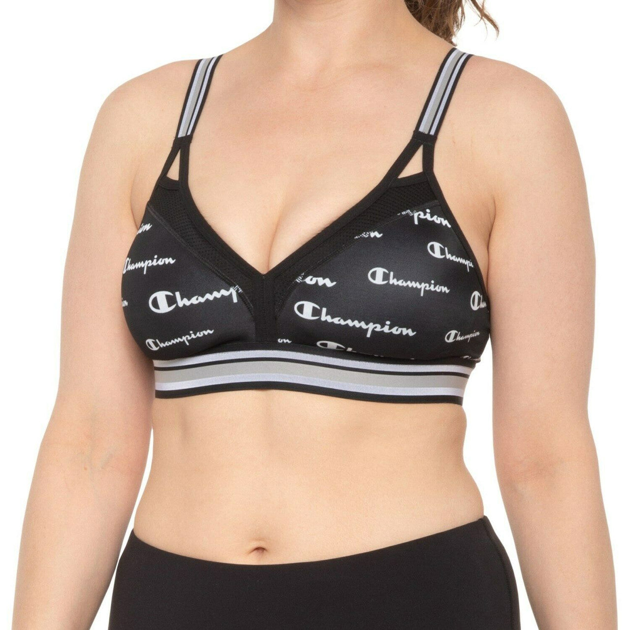 Champion The Curvy Strappy Print Sports Bra Medium Impact 2X black white