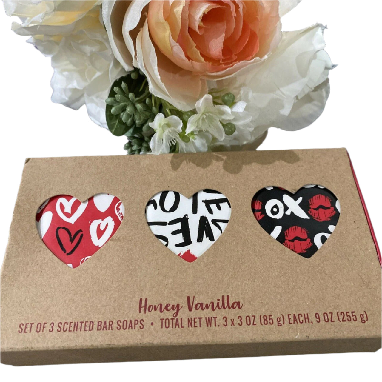 Boxed 3-bar Honey Vanilla scented soap gift set with heart and XO design packaging