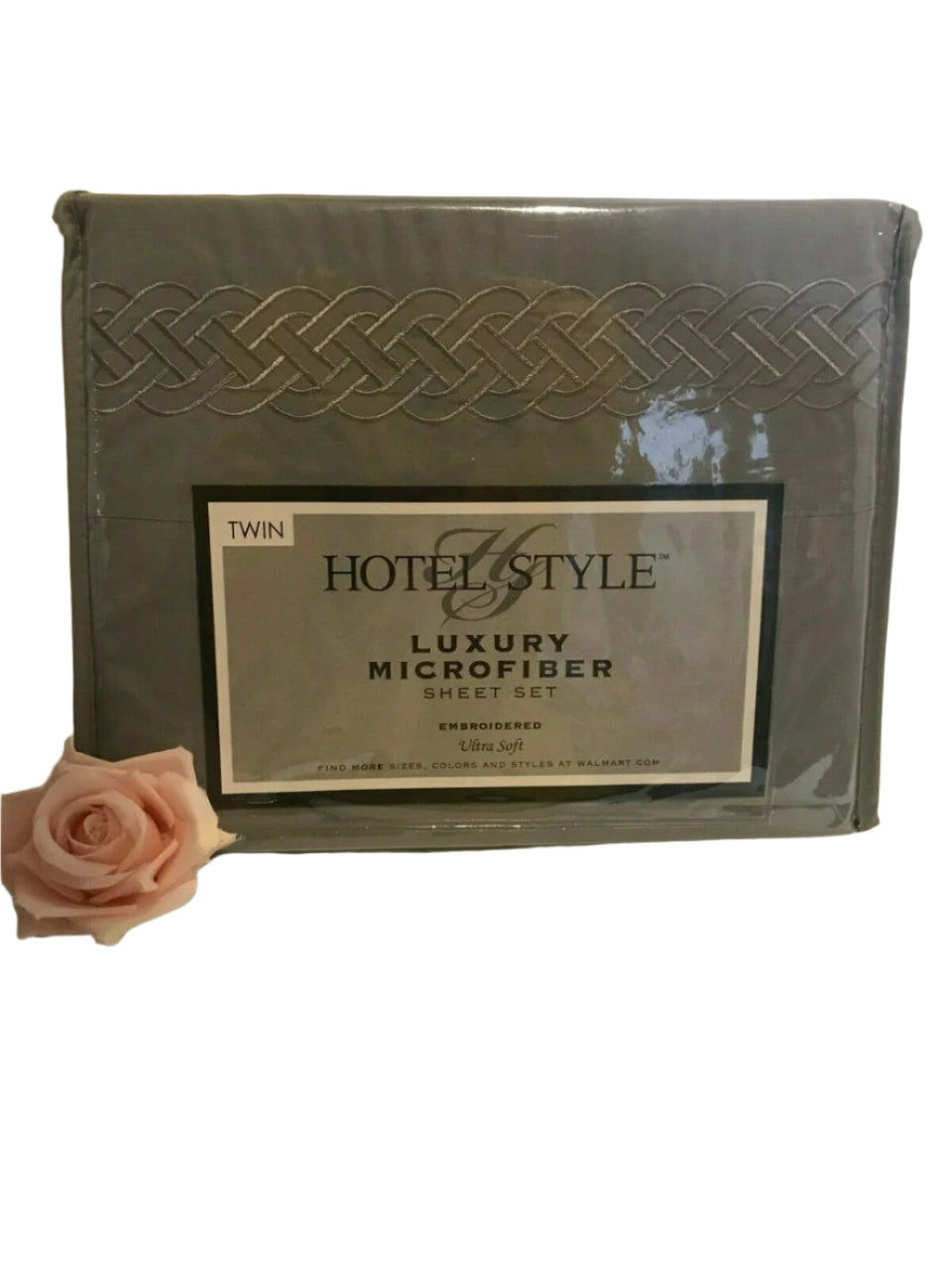Grey Hotel Style microfiber twin sheet set with embroidered detail in retail packaging
