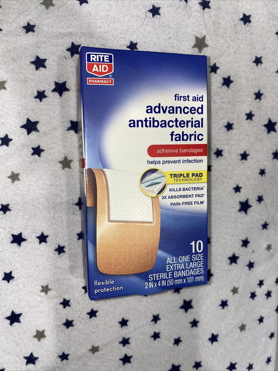 Rite Aid Advanced Antibacterial Fabric Adhesive Bandages 2" x 4" box of 10