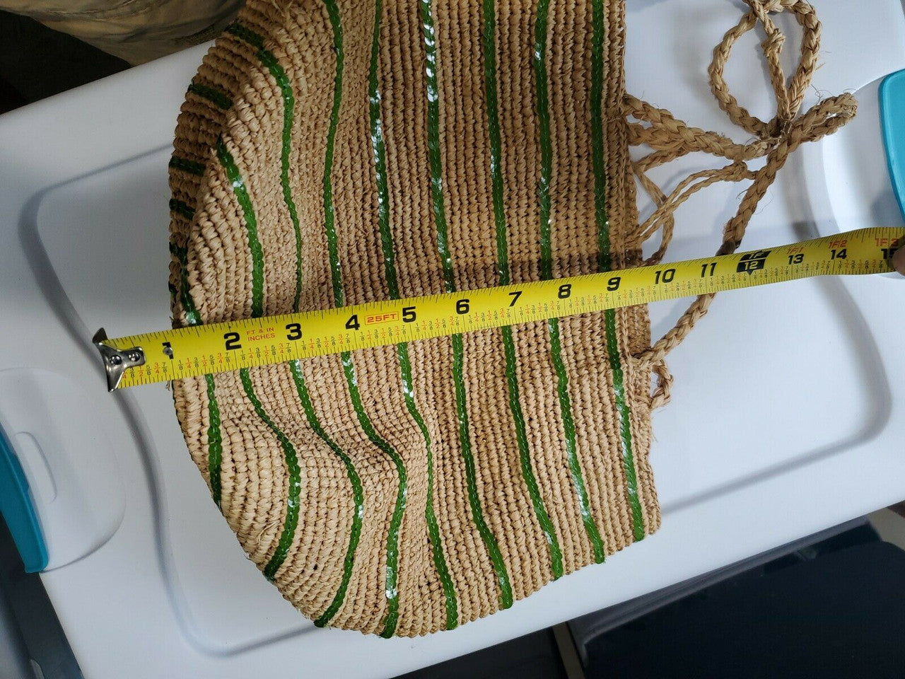 J.CREW Straw Market Tote Bag 15" x 10" x 8" Green Trim Summer Bag