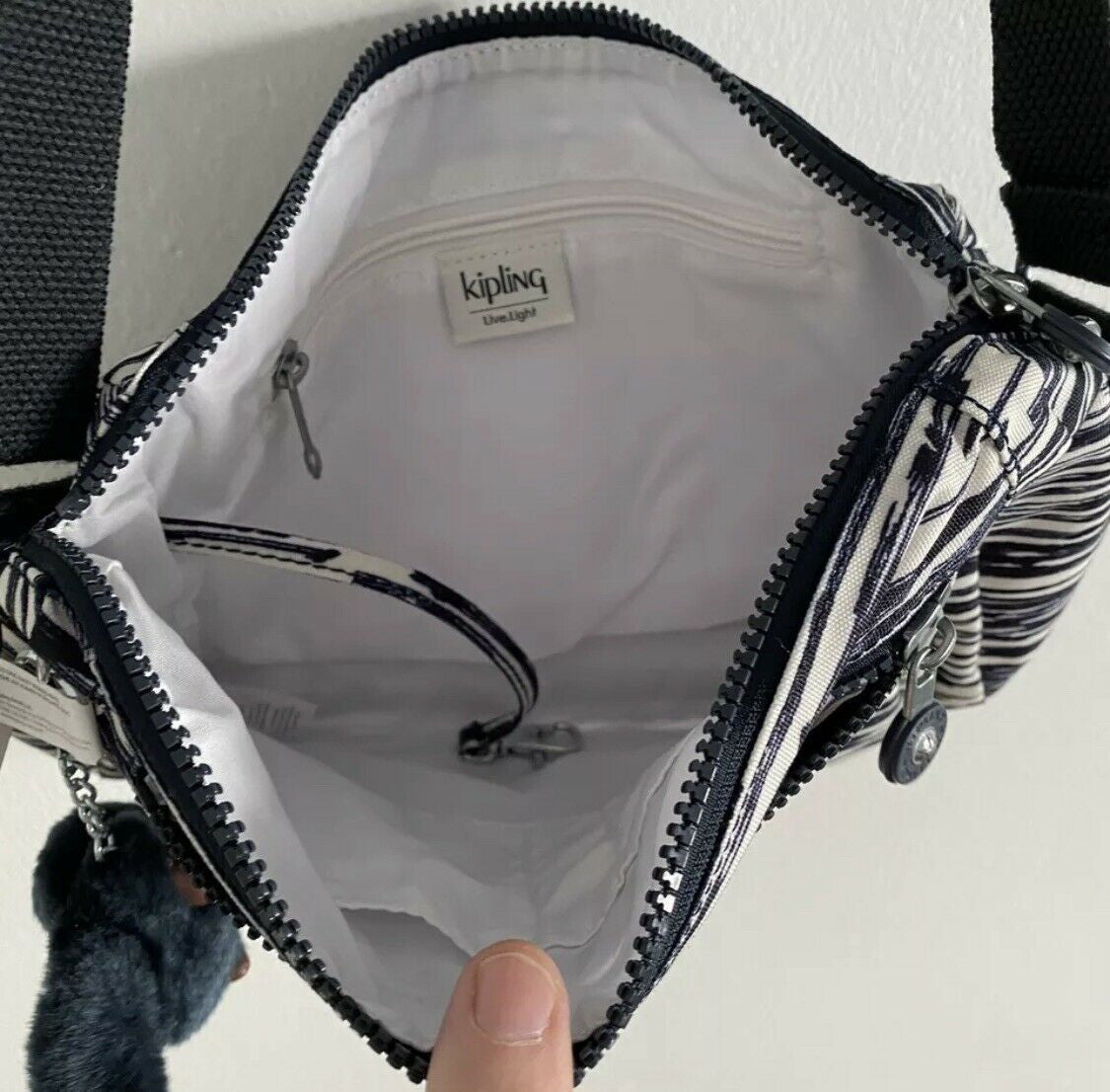 Kipling Kayla Scribble Lines Blue Crossbody Bag Purse Fuzzy Monkey Lanyard $94