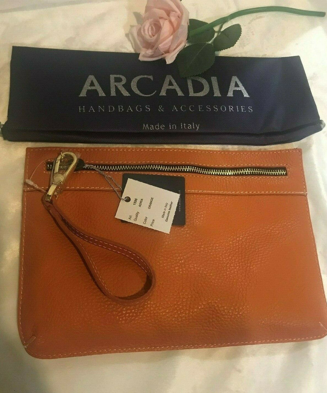 ARCADIA Genuine Leather Orange Purse Wristlet Bag ITALY Pebbled