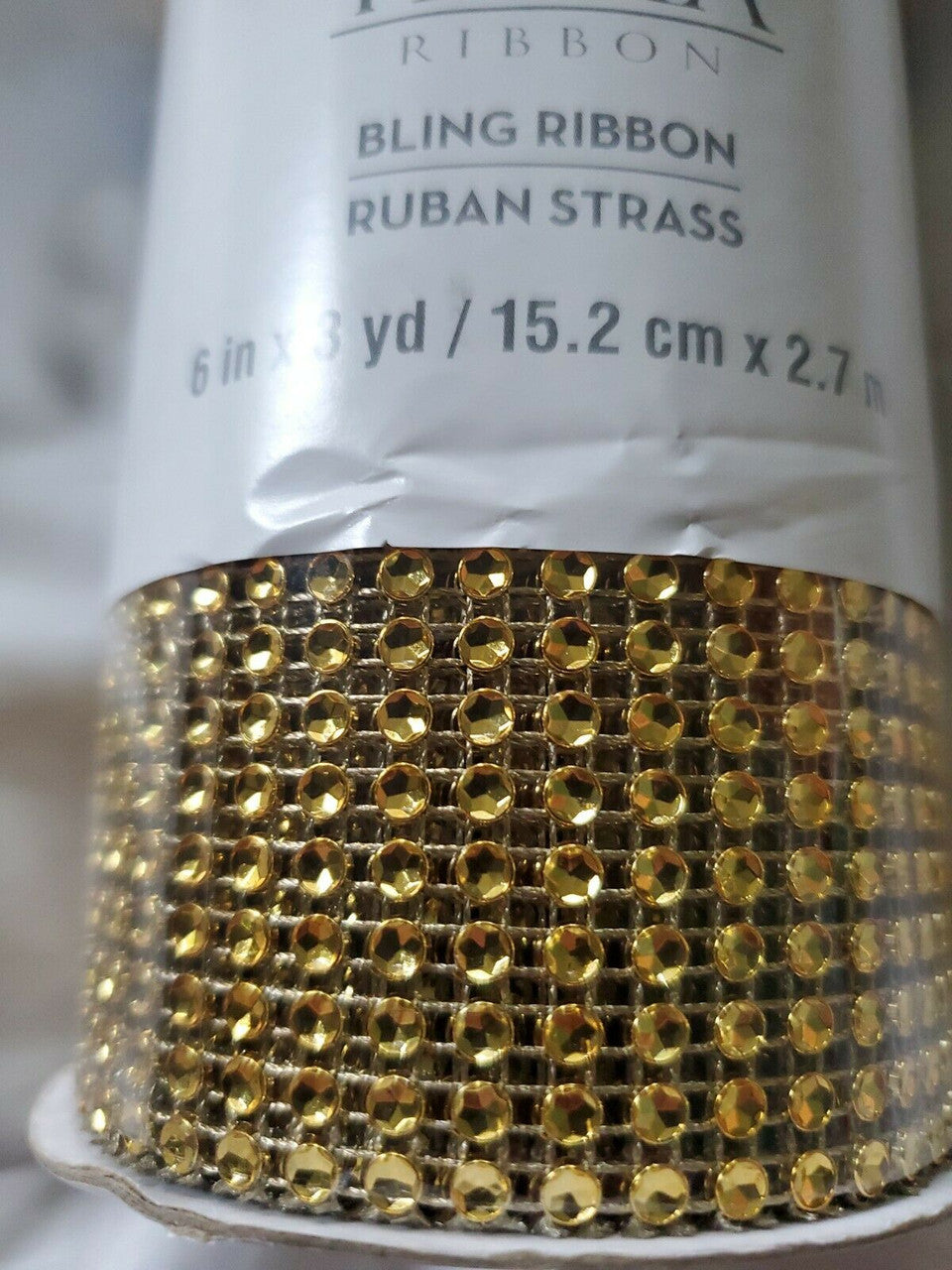 YAMA BLING RIBBON WRAP ROLL CRYSTAL SPARKLE RUBAN STRASS 6"×3YD GOLD