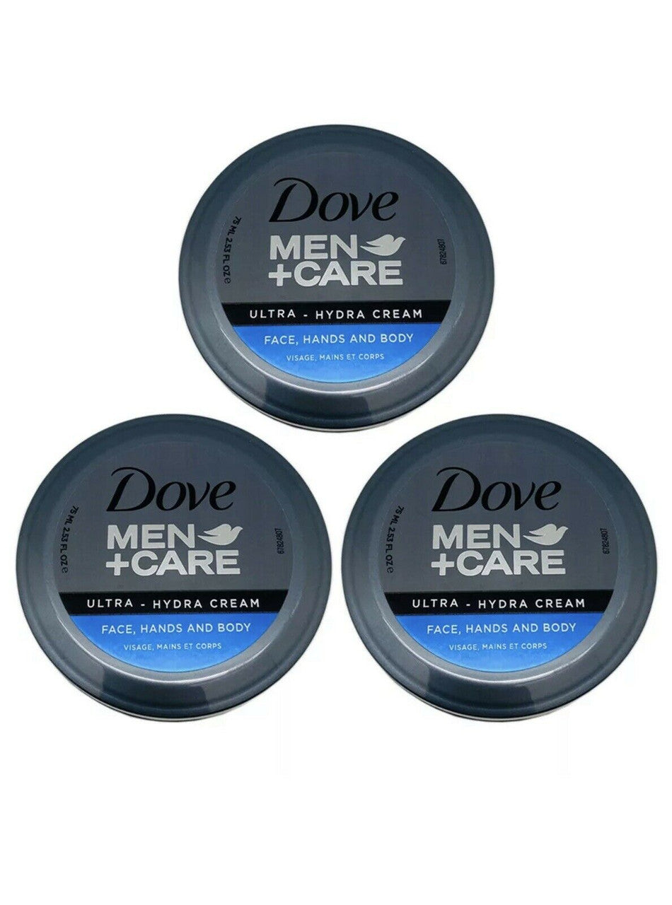 Dove Men+Care Hydrate+ face and body cream – 3 pack of 2.5 oz moisturizers in dark blue packaging