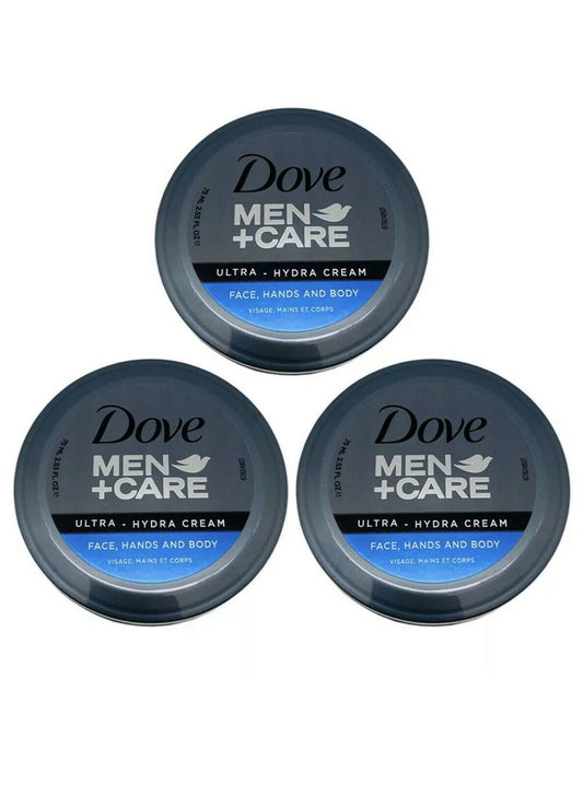 Dove Men+Care Hydrate+ face and body cream – 3 pack of 2.5 oz moisturizers in dark blue packaging