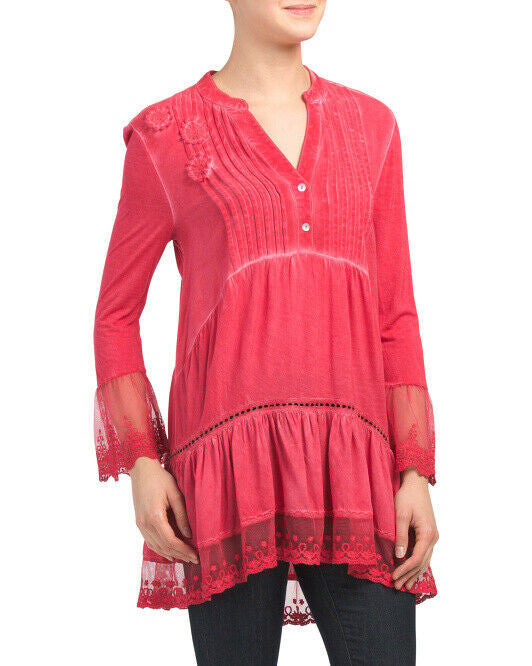 CUPIO Henley Lace Hem Top MEDIUM pintuck pleat detail