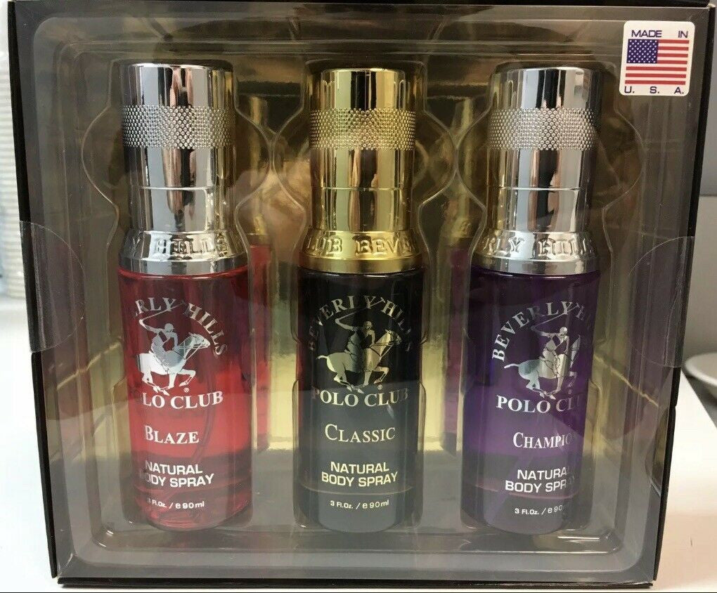 Men’s 3-piece body spray gift set with Classic, Blaze, and Courage scents in a clear display box – 3 oz each